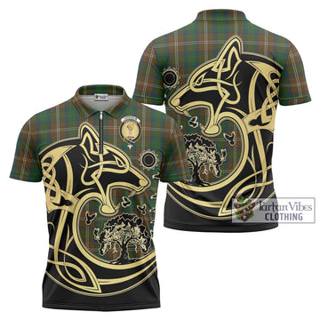 Chisholm Hunting Tartan Zipper Polo Shirt with Family Crest Celtic Wolf Style