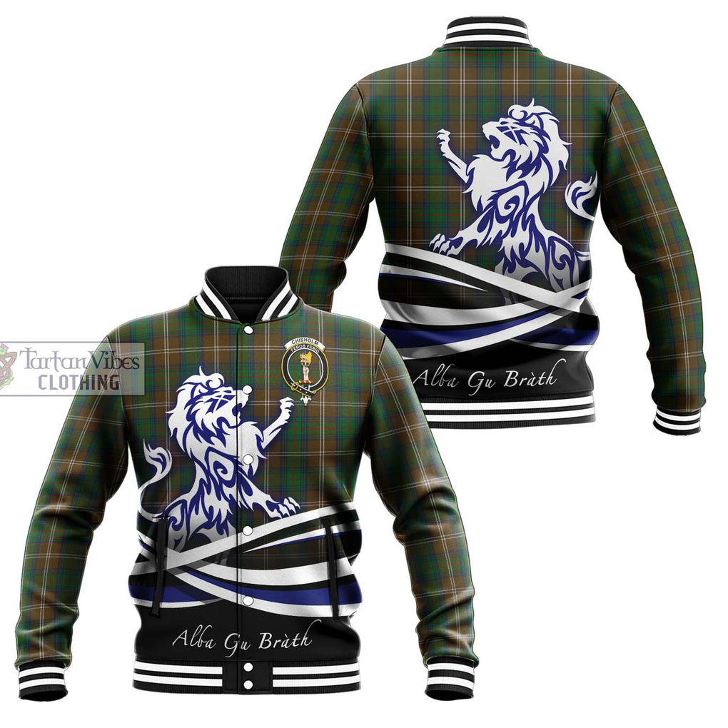 Chisholm Hunting Tartan Baseball Jacket with Alba Gu Brath Regal Lion Emblem Unisex - Tartanvibesclothing Shop