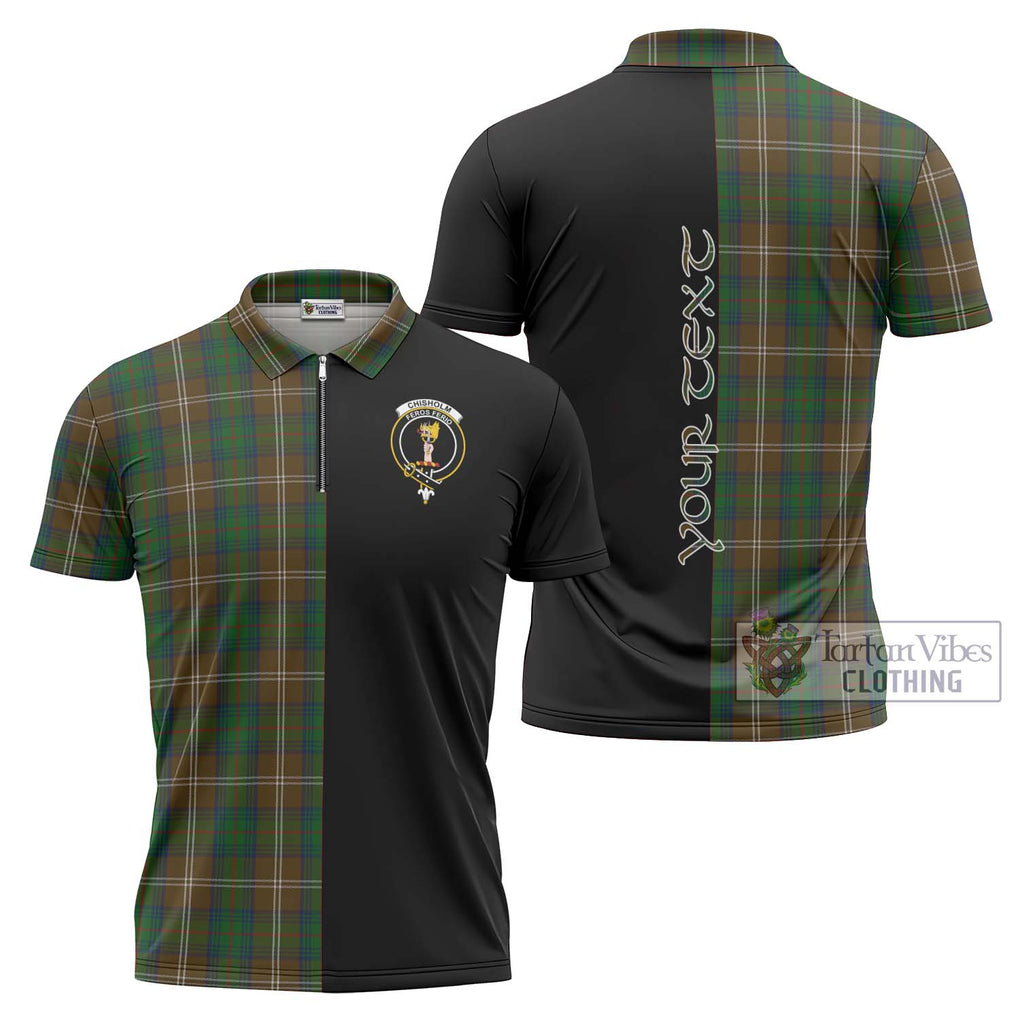 Chisholm Hunting Tartan Zipper Polo Shirt with Family Crest and Half Of Me Style Unisex - Tartanvibesclothing Shop