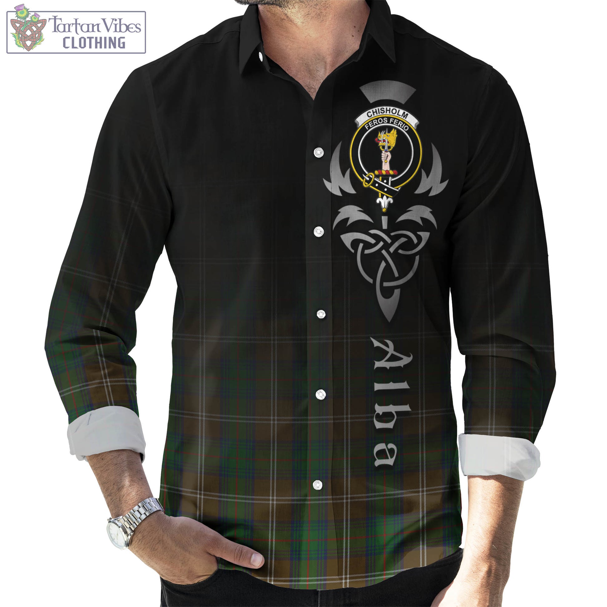 Tartan Vibes Clothing Chisholm Hunting Tartan Long Sleeve Button Up Featuring Alba Gu Brath Family Crest Celtic Inspired