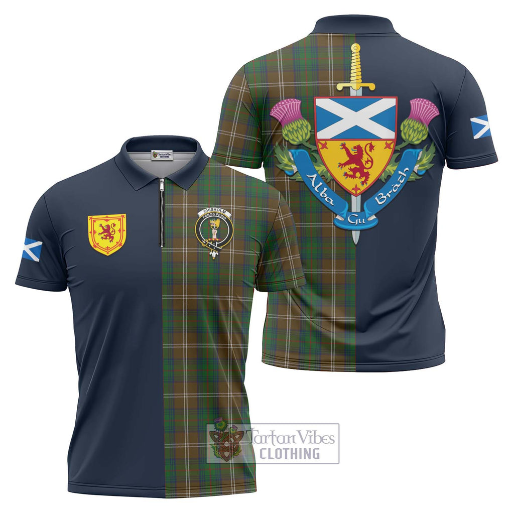 Tartan Vibes Clothing Chisholm Hunting Tartan Zipper Polo Shirt with Scottish Lion Royal Arm Half Style