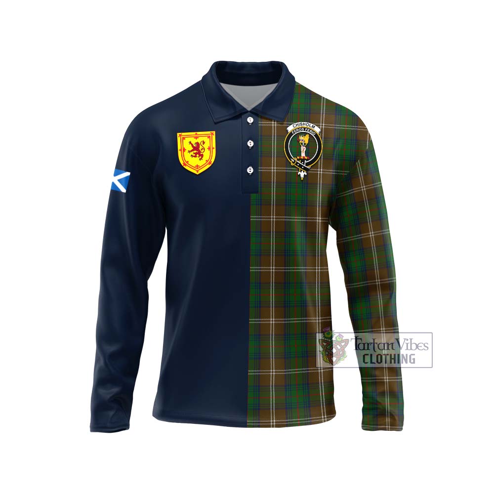 Tartan Vibes Clothing Chisholm Hunting Tartan Long Sleeve Polo Shirt with Scottish Lion Royal Arm Half Style