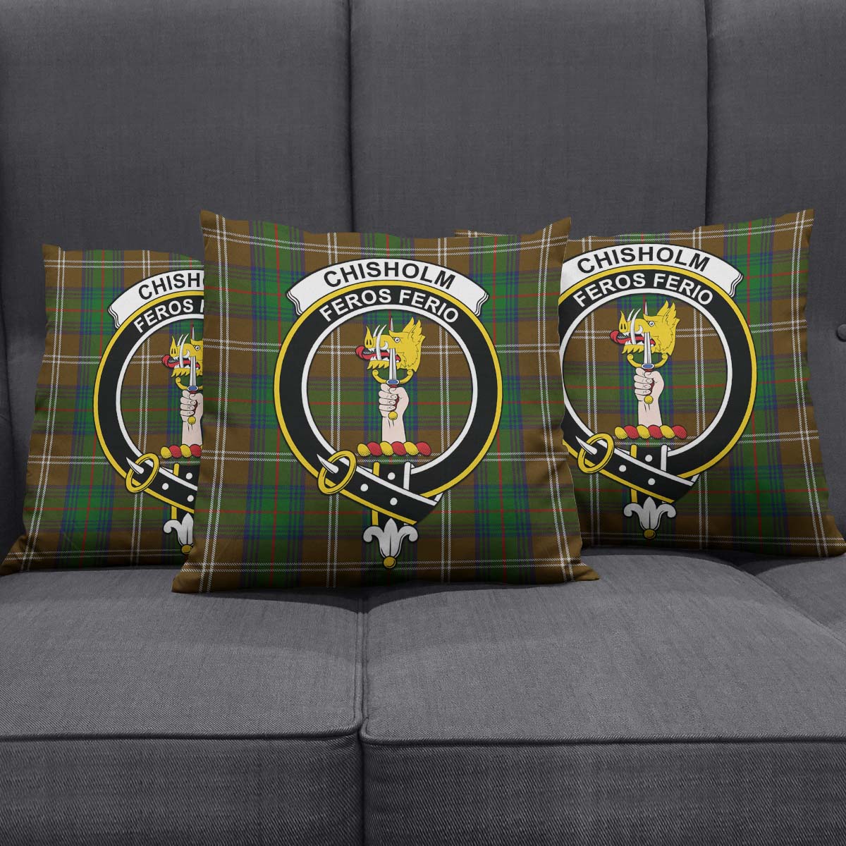 Chisholm Hunting Tartan Pillow Cover with Family Crest Square Pillow Cover - Tartanvibesclothing