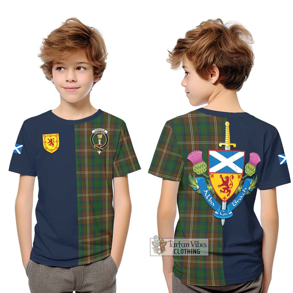 Tartan Vibes Clothing Chisholm Hunting Tartan Kid T-Shirt with Scottish Lion Royal Arm Half Style