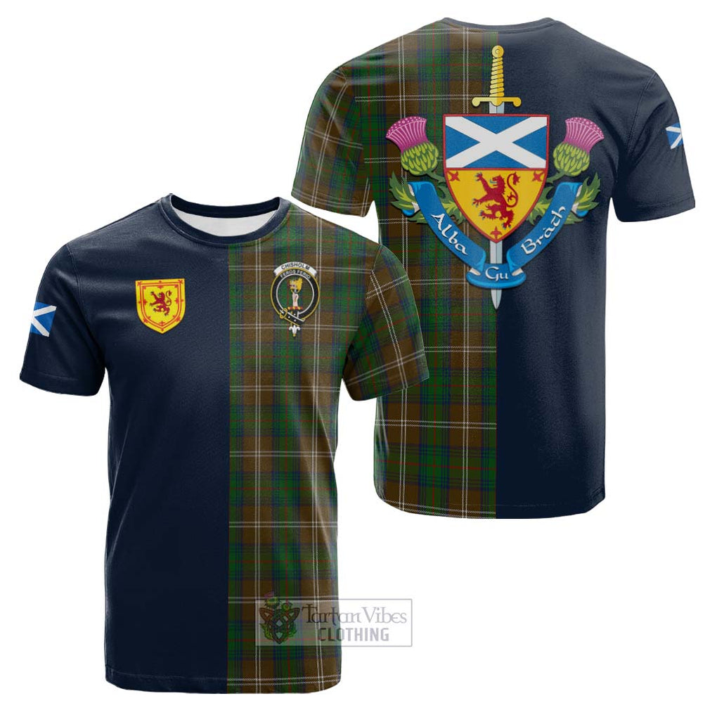 Tartan Vibes Clothing Chisholm Hunting Tartan Cotton T-shirt with Scottish Lion Royal Arm Half Style