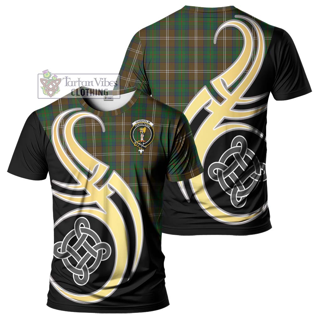 Tartan Vibes Clothing Chisholm Hunting Tartan T-Shirt with Family Crest and Celtic Symbol Style