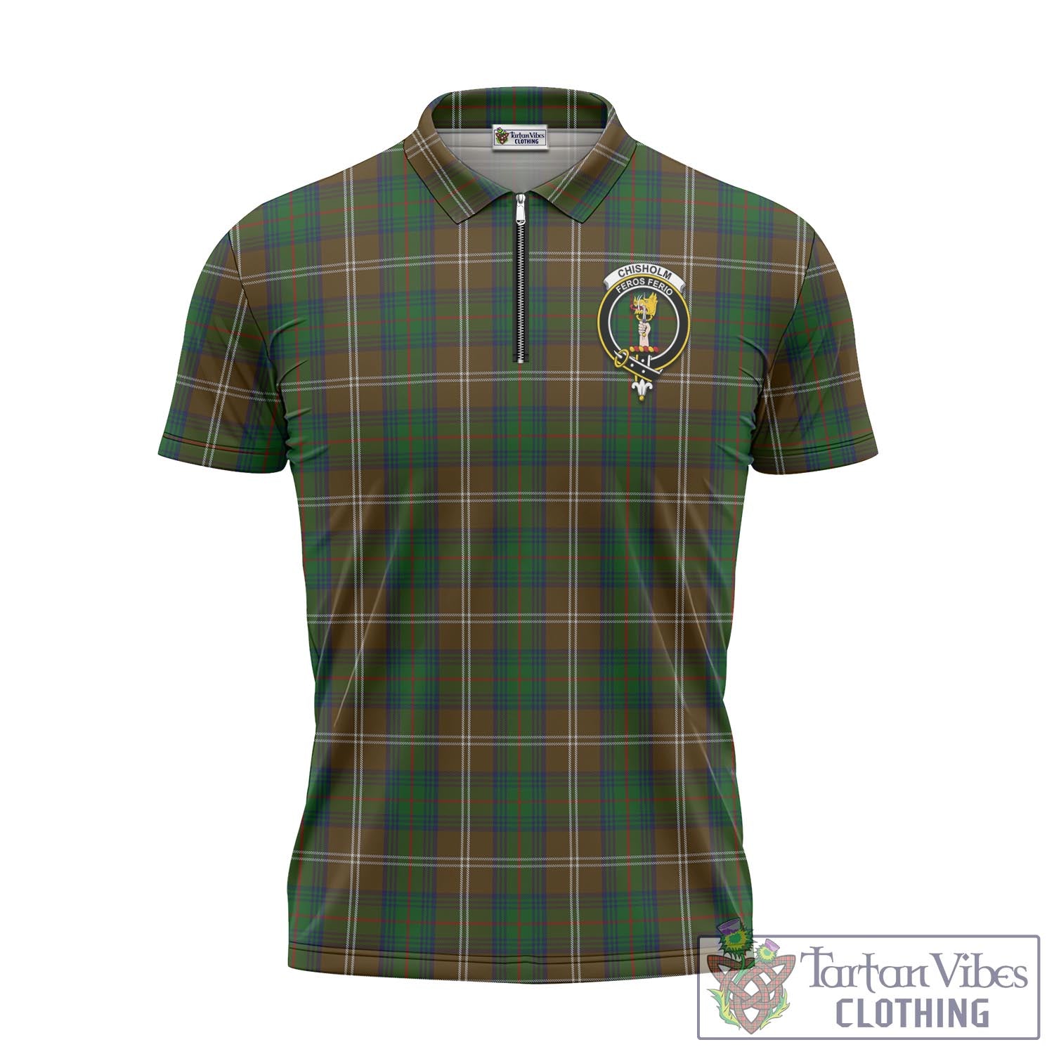 Tartan Vibes Clothing Chisholm Hunting Tartan Zipper Polo Shirt with Family Crest