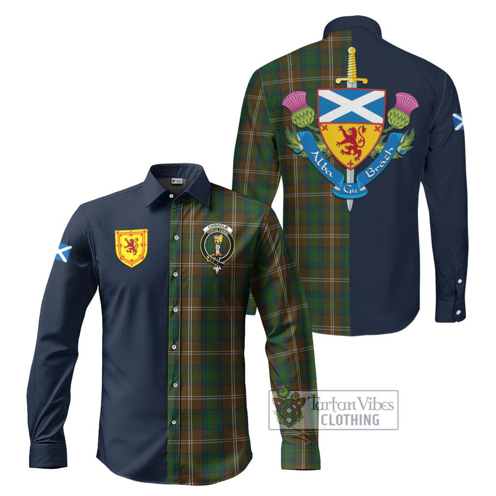 Tartan Vibes Clothing Chisholm Hunting Tartan Long Sleeve Button Shirt with Scottish Lion Royal Arm Half Style