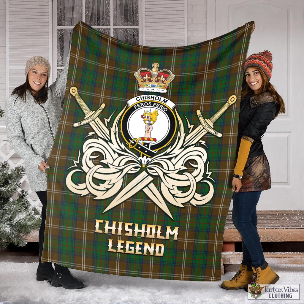 Tartan Vibes Clothing Chisholm Hunting Tartan Blanket with Clan Crest and the Golden Sword of Courageous Legacy