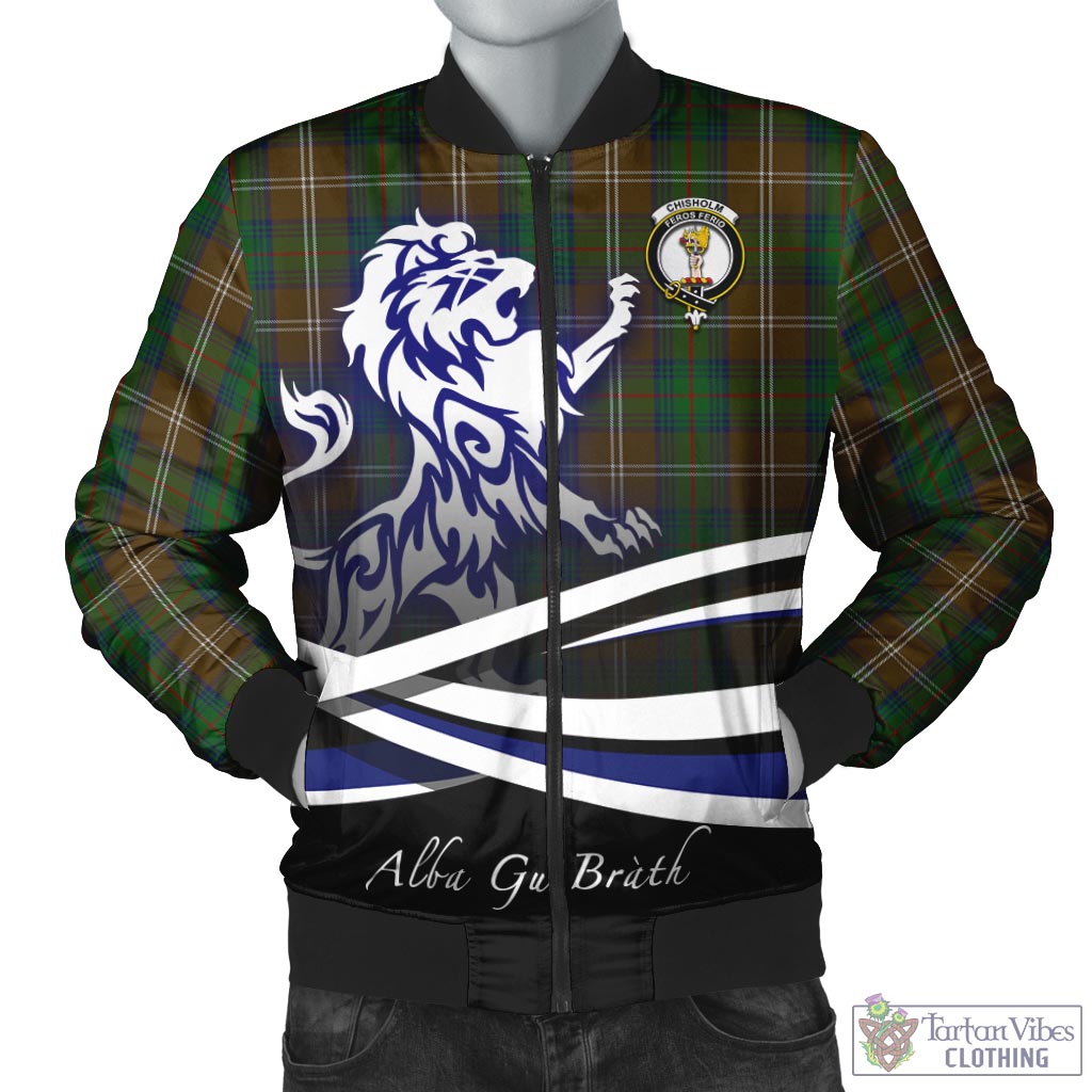 Tartan Vibes Clothing Chisholm Hunting Tartan Bomber Jacket with Alba Gu Brath Regal Lion Emblem