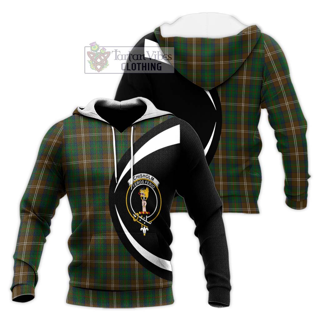 Chisholm Hunting Tartan Knitted Hoodie with Family Crest Circle Style Unisex Knitted Pullover Hoodie - Tartan Vibes Clothing