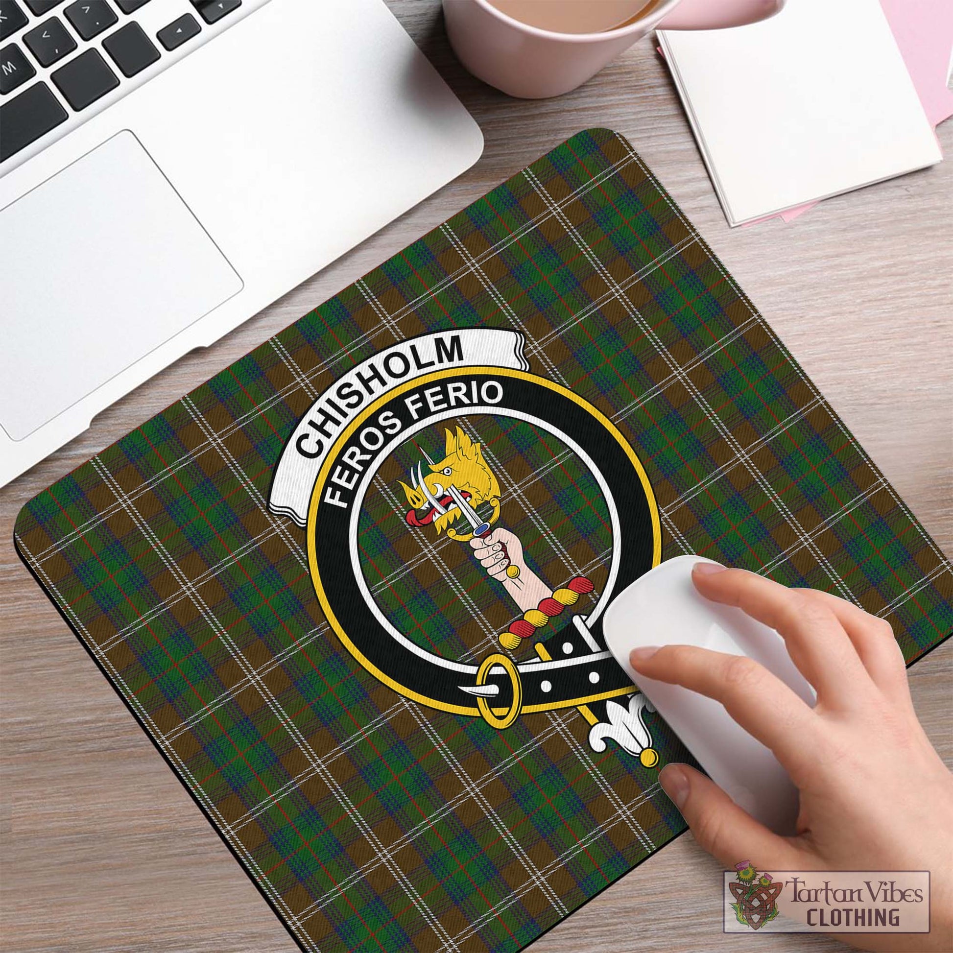 Tartan Vibes Clothing Chisholm Hunting Tartan Mouse Pad with Family Crest