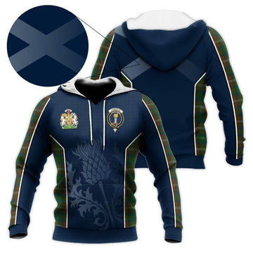 Chisholm Hunting Tartan Knitted Hoodie with Family Crest and Scottish Thistle Vibes Sport Style