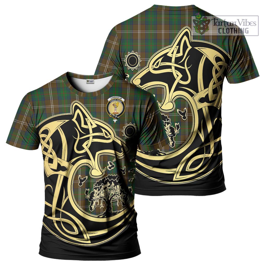 Chisholm Hunting Tartan T-Shirt with Family Crest Celtic Wolf Style Kid's Shirt - Tartan Vibes Clothing