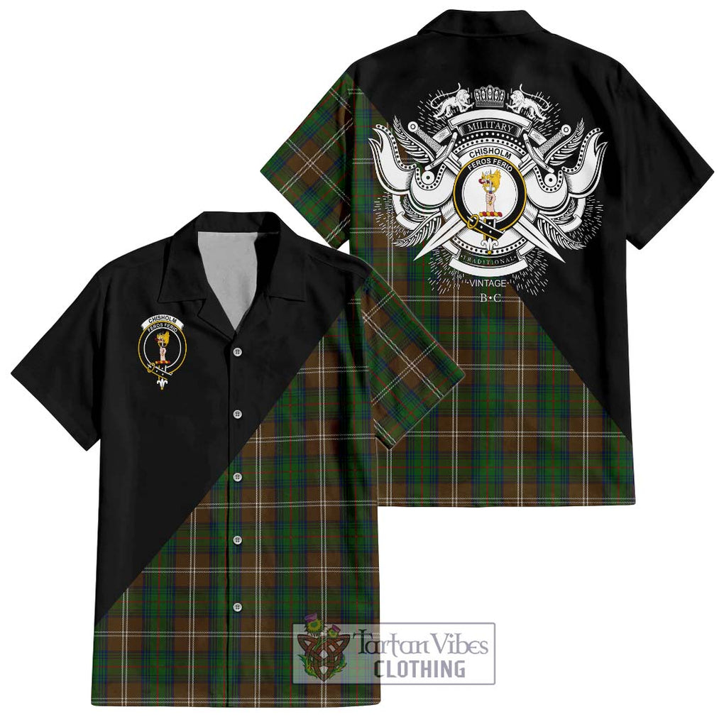 Chisholm Hunting Tartan Short Sleeve Button Shirt with Family Crest and Military Logo Style Kid - Tartanvibesclothing Shop