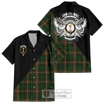 Chisholm Hunting Tartan Short Sleeve Button Shirt with Family Crest and Military Logo Style