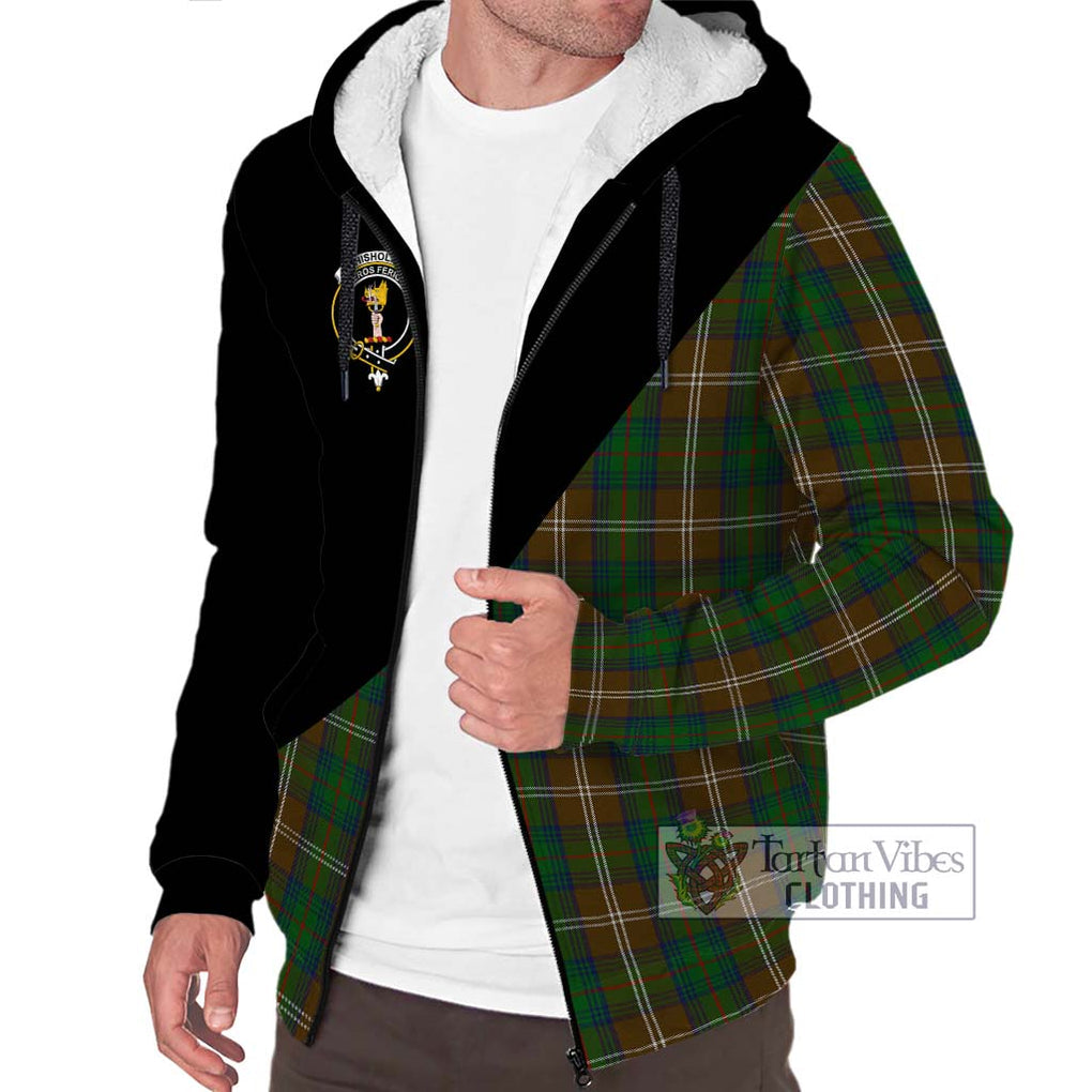 Chisholm Hunting Tartan Sherpa Hoodie with Family Crest and Military Logo Style Unisex S - Tartanvibesclothing Shop