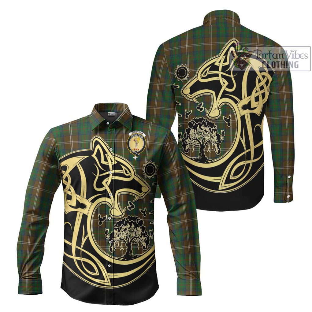 Chisholm Hunting Tartan Long Sleeve Button Shirt with Family Crest Celtic Wolf Style Men's Shirt S - Tartan Vibes Clothing