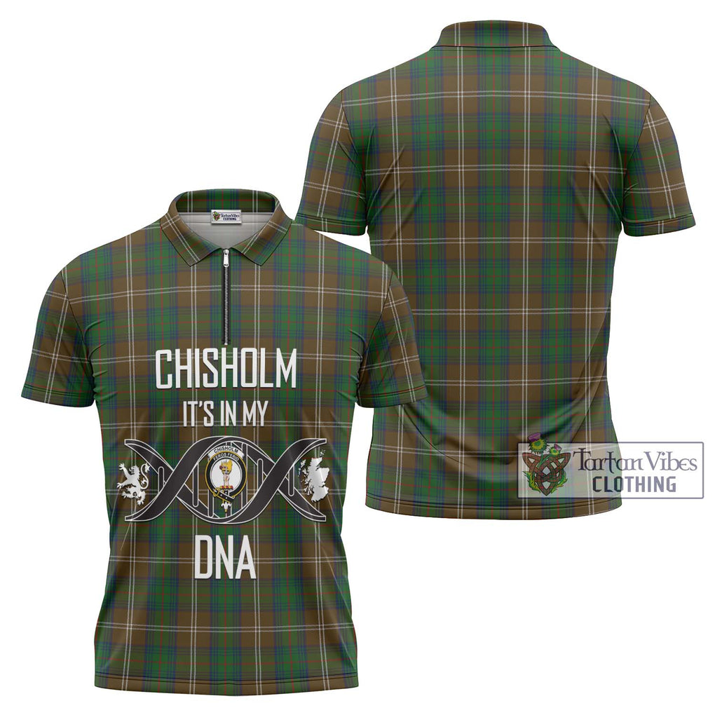 Chisholm Hunting Tartan Zipper Polo Shirt with Family Crest DNA In Me Style Unisex - Tartanvibesclothing Shop