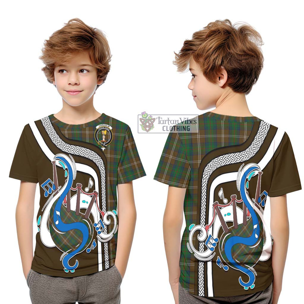 Tartan Vibes Clothing Chisholm Hunting Tartan Kid T-Shirt with Epic Bagpipe Style