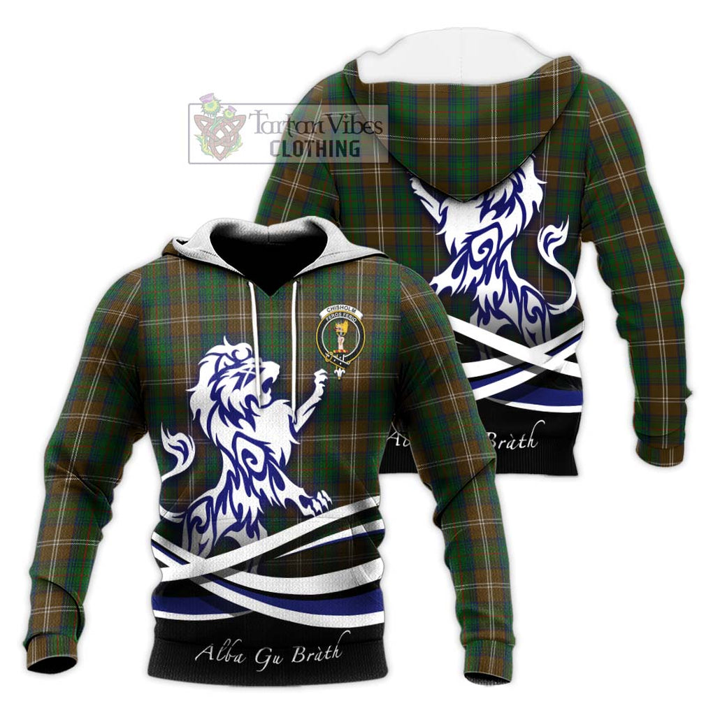 Chisholm Hunting Tartan Knitted Hoodie with Alba Gu Brath Regal Lion Emblem Unisex Knitted Pullover Hoodie - Tartanvibesclothing Shop