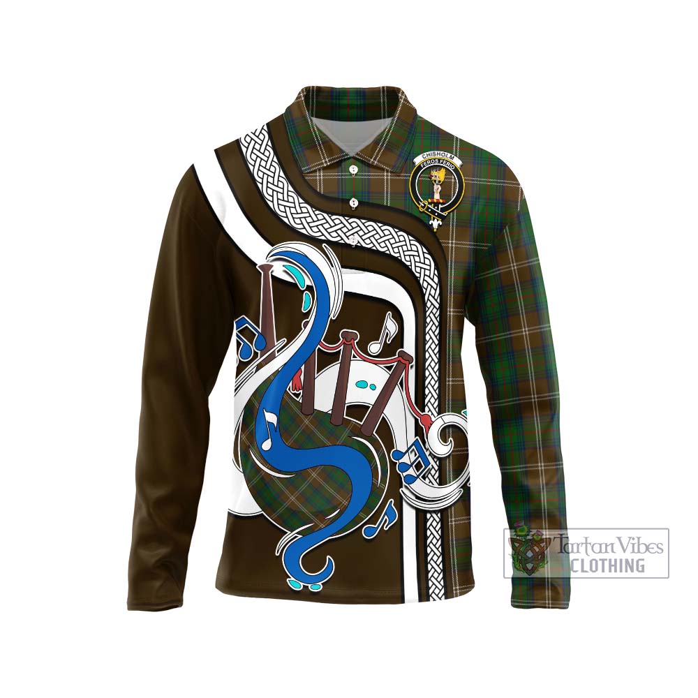 Tartan Vibes Clothing Chisholm Hunting Tartan Long Sleeve Polo Shirt with Epic Bagpipe Style