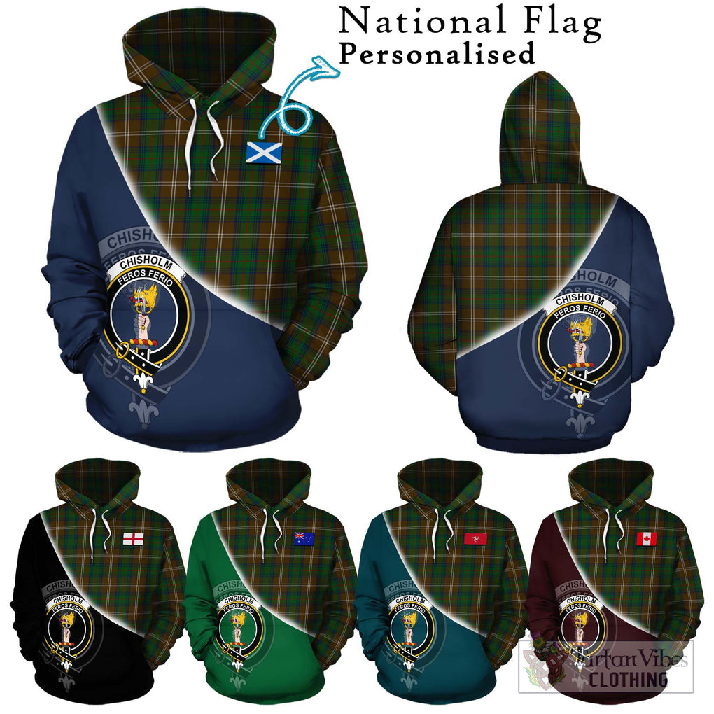 Chisholm Hunting Tartan Hoodie with Personalised National Flag and Family Crest Half Style Zip Hoodie - Tartanvibesclothing Shop