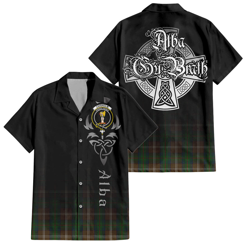 Tartan Vibes Clothing Chisholm Hunting Tartan Short Sleeve Button Up Featuring Alba Gu Brath Family Crest Celtic Inspired