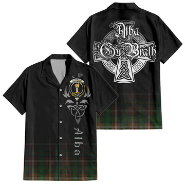 Chisholm Hunting Tartan Short Sleeve Button Up Shirt Featuring Alba Gu Brath Family Crest Celtic Inspired