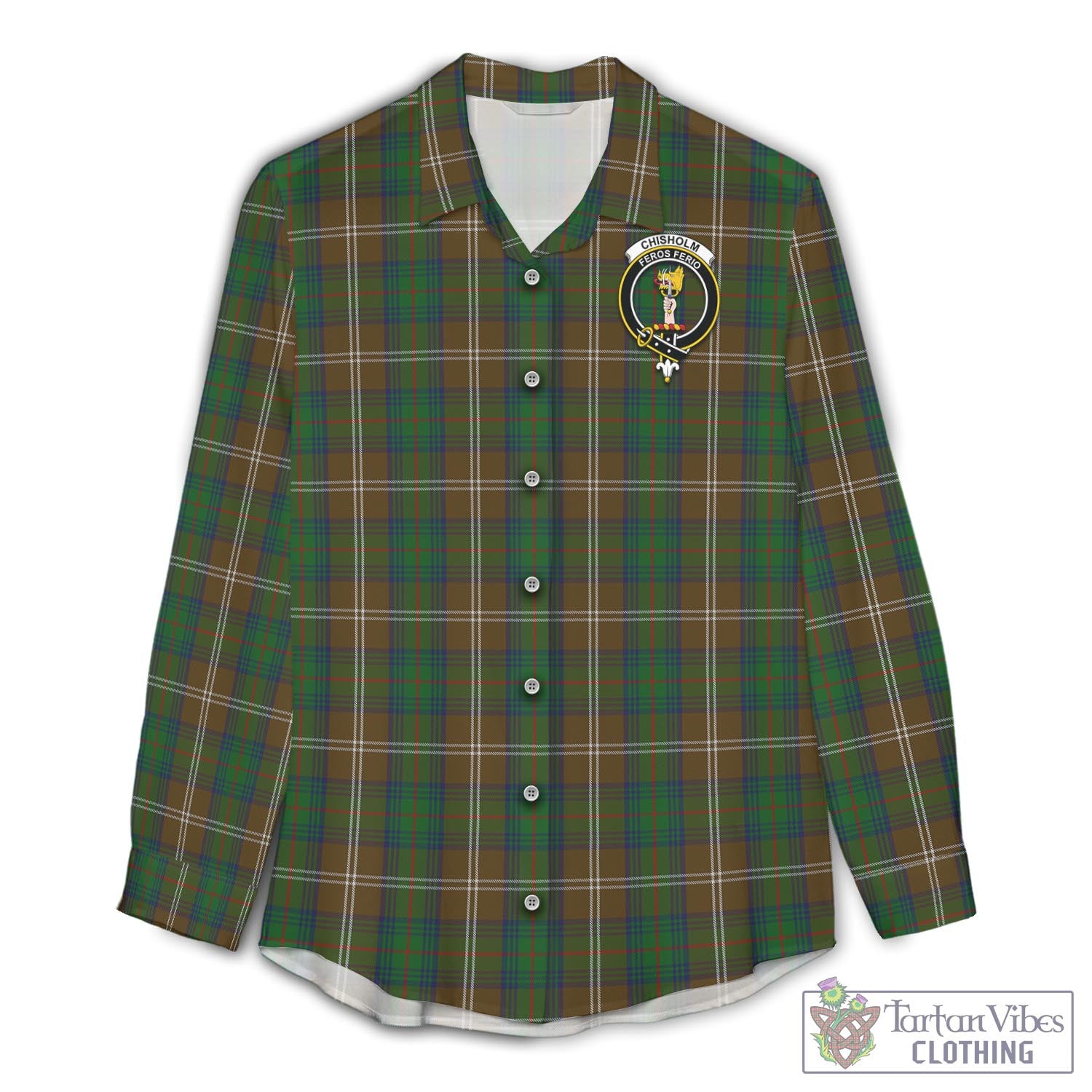 Tartan Vibes Clothing Chisholm Hunting Tartan Womens Casual Shirt with Family Crest