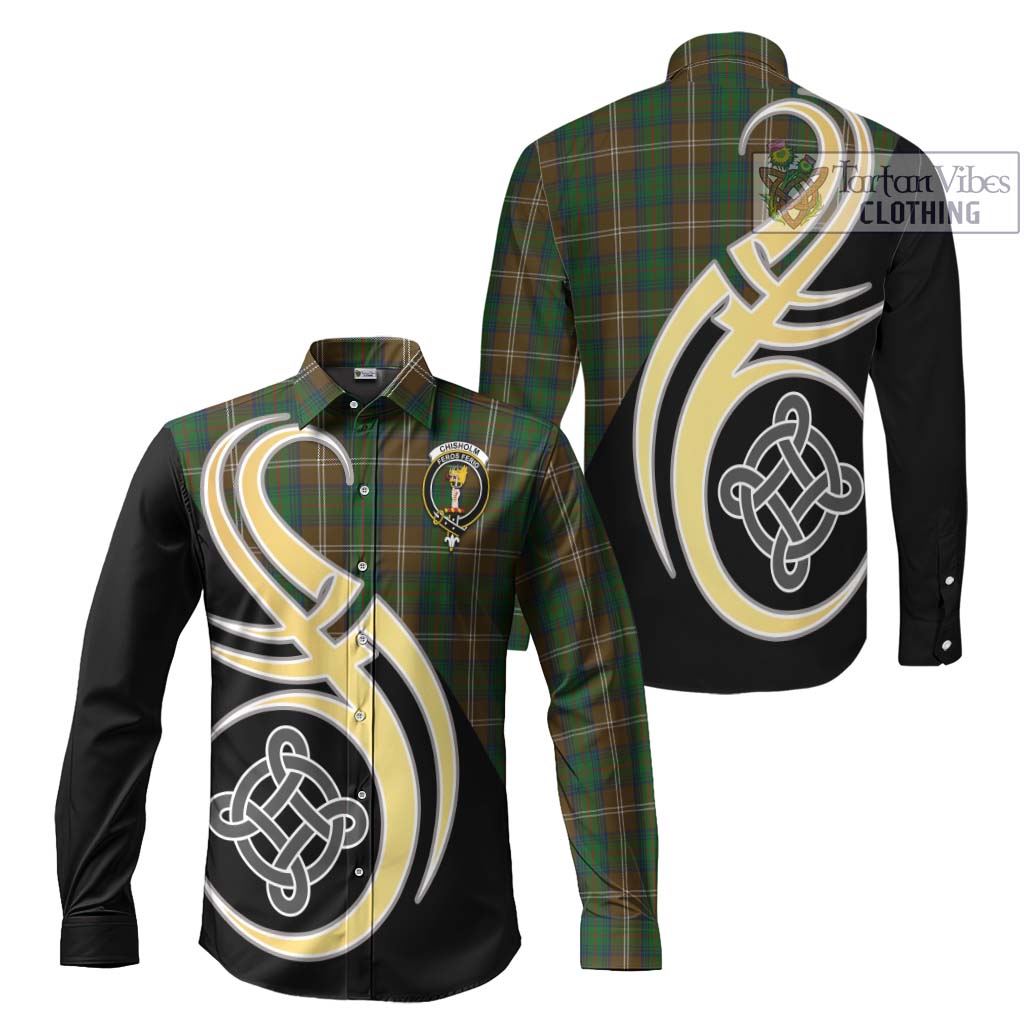 Chisholm Hunting Tartan Long Sleeve Button Shirt with Family Crest and Celtic Symbol Style Men's Shirt S - Tartan Vibes Clothing