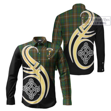 Chisholm Hunting Tartan Long Sleeve Button Shirt with Family Crest and Celtic Symbol Style