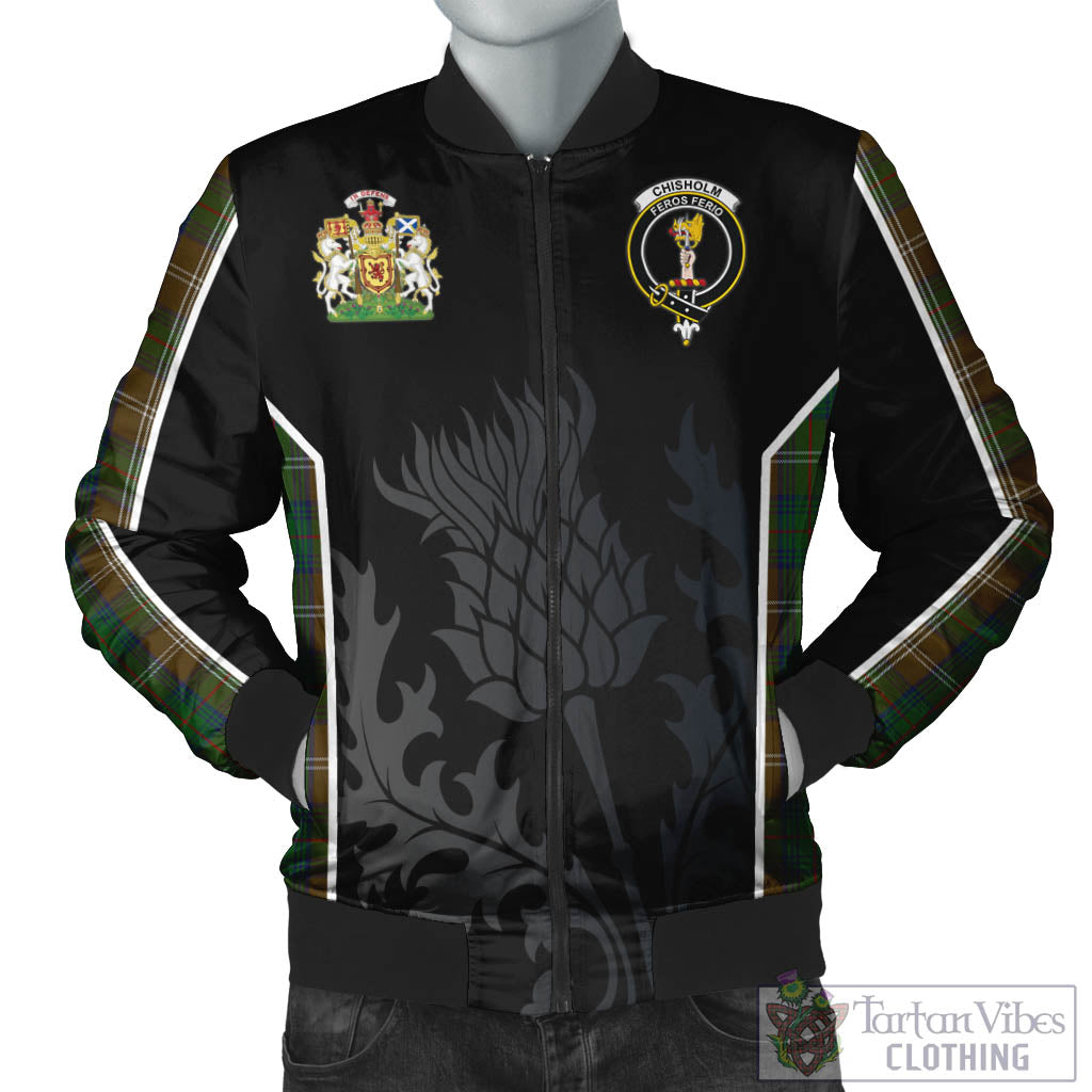 Tartan Vibes Clothing Chisholm Hunting Tartan Bomber Jacket with Family Crest and Scottish Thistle Vibes Sport Style