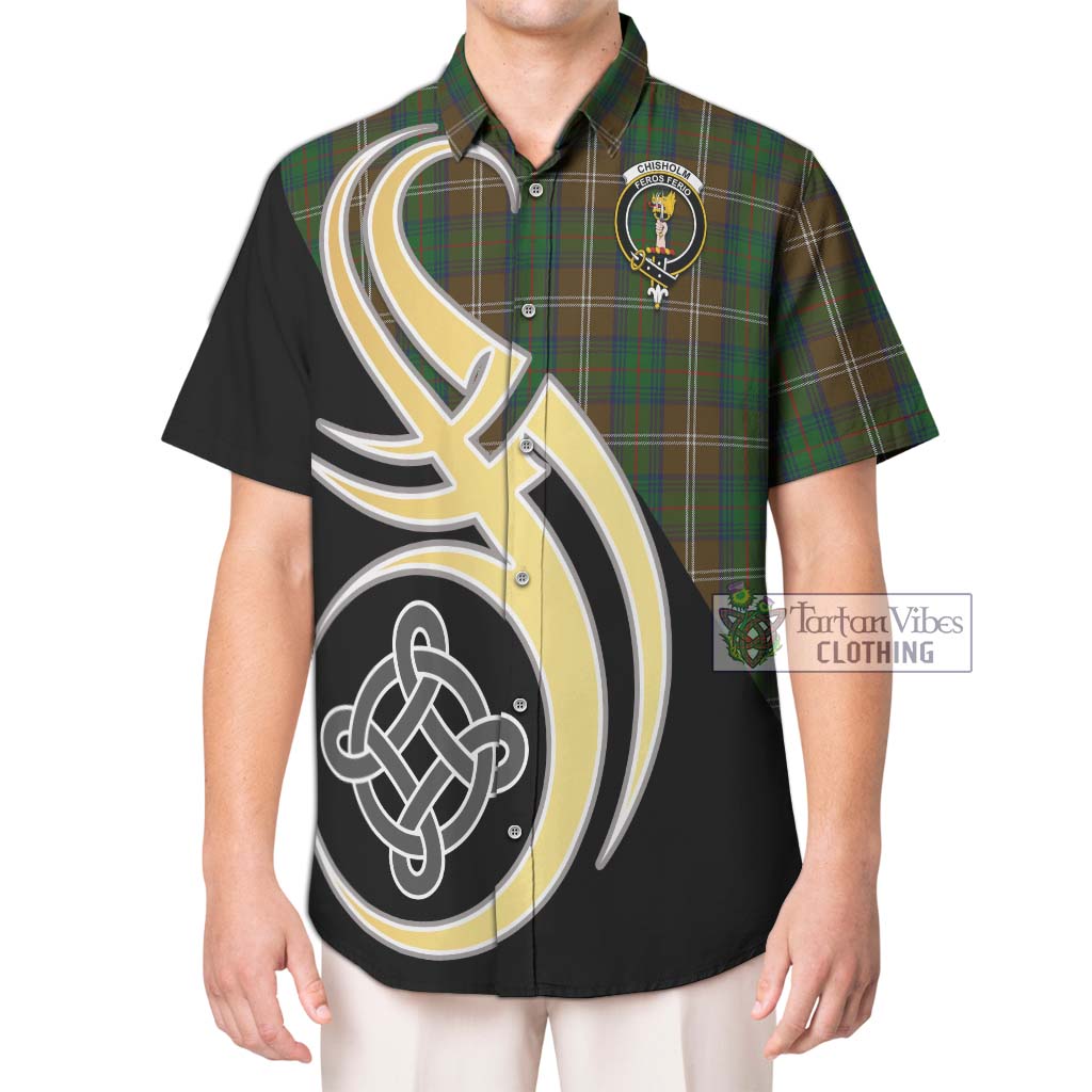 Chisholm Hunting Tartan Short Sleeve Button Shirt with Family Crest and Celtic Symbol Style Kid - Tartan Vibes Clothing