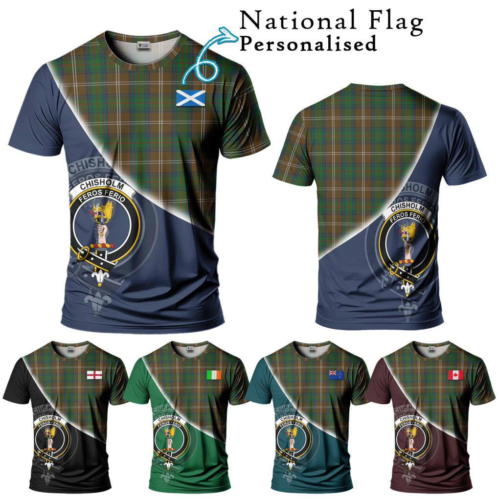 Chisholm Hunting Tartan T-Shirt with Personalised National Flag and Family Crest Half Style Kid's Shirt - Tartanvibesclothing Shop