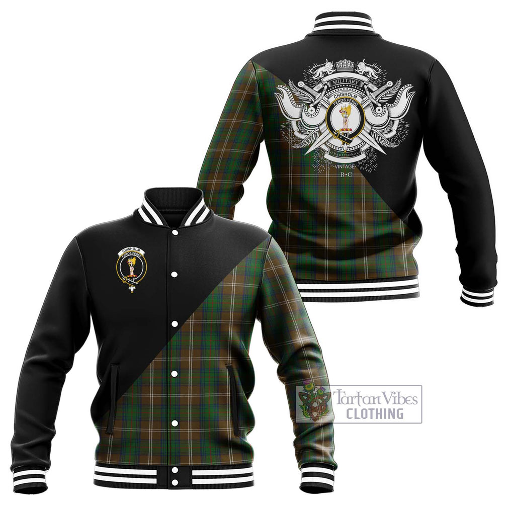 Chisholm Hunting Tartan Baseball Jacket with Family Crest and Military Logo Style Unisex - Tartanvibesclothing Shop