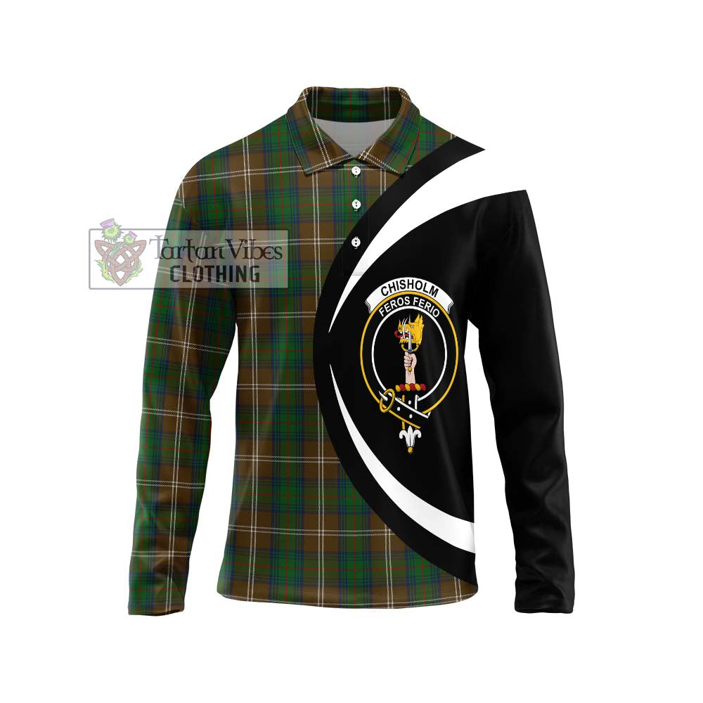 Chisholm Hunting Tartan Long Sleeve Polo Shirt with Family Crest Circle Style Unisex - Tartan Vibes Clothing