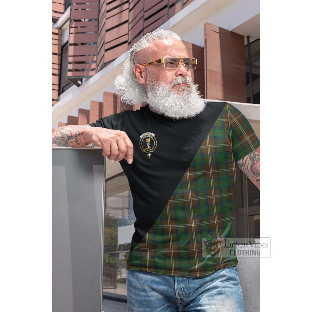 Tartan Vibes Clothing Chisholm Hunting Tartan Cotton T-shirt with Family Crest and Military Logo Style