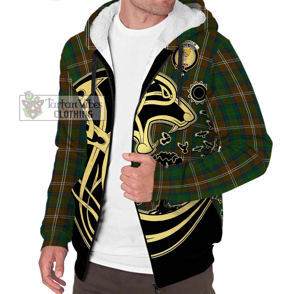 Chisholm Hunting Tartan Sherpa Hoodie with Family Crest Celtic Wolf Style Unisex S - Tartan Vibes Clothing