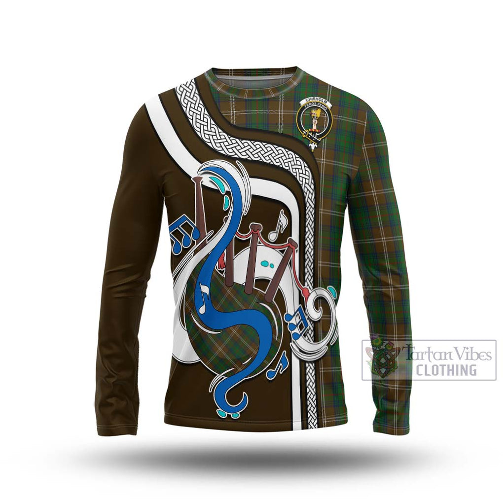 Tartan Vibes Clothing Chisholm Hunting Tartan Long Sleeve T-Shirt with Epic Bagpipe Style