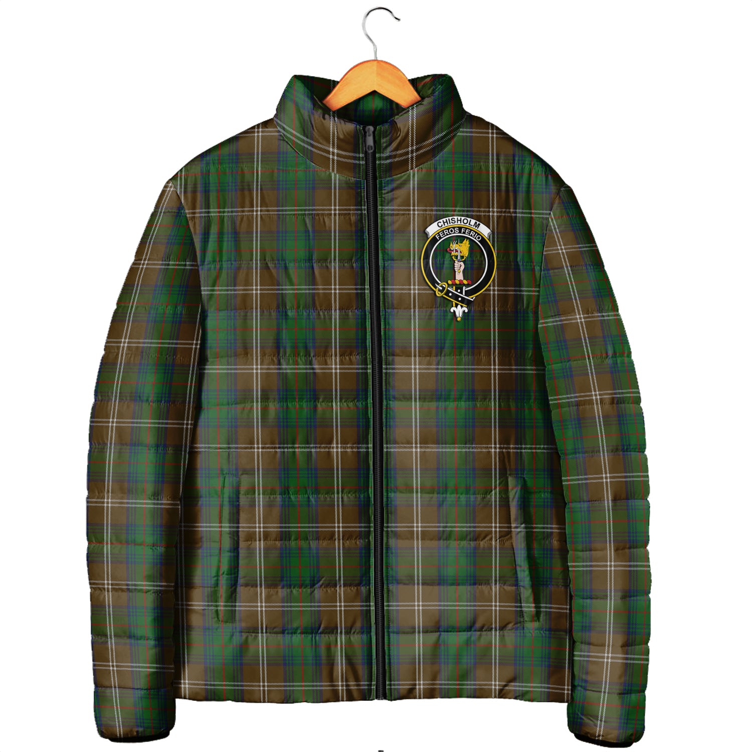 Chisholm Hunting Tartan Padded Jacket with Family Crest Men's Padded Jacket - Tartan Vibes Clothing