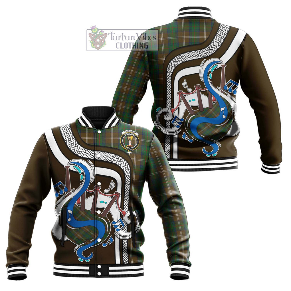 Tartan Vibes Clothing Chisholm Hunting Tartan Baseball Jacket with Epic Bagpipe Style