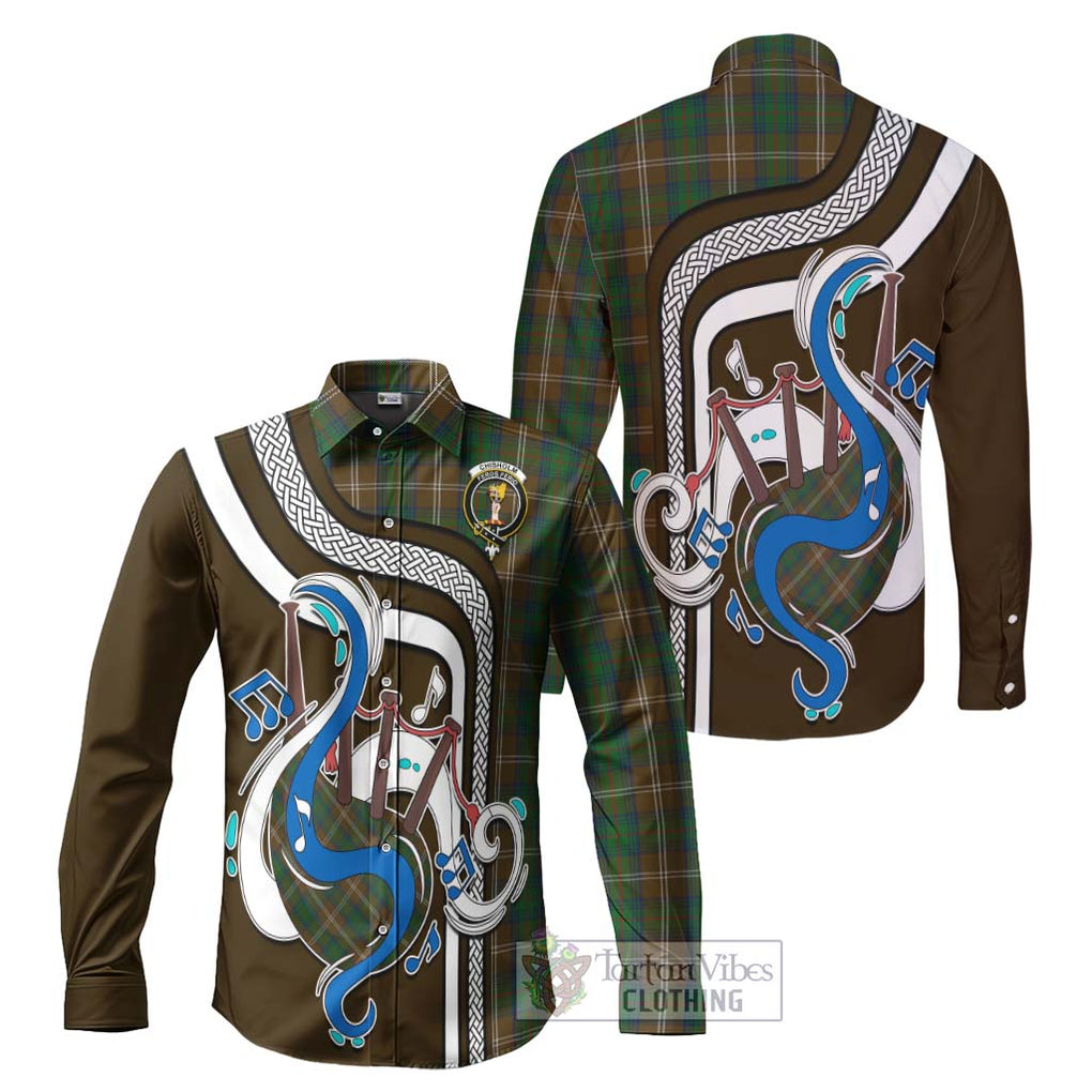 Chisholm Hunting Tartan Long Sleeve Button Shirt with Epic Bagpipe Style Men's Shirt S - Tartanvibesclothing Shop