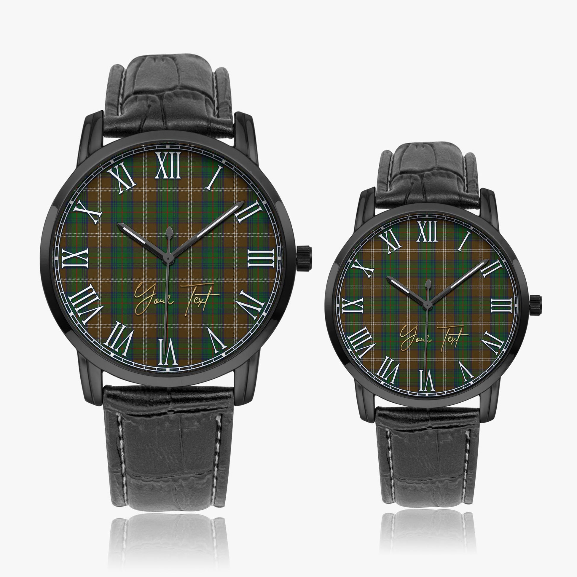 Chisholm Hunting Tartan Personalized Your Text Leather Trap Quartz Watch Wide Type Black Case With Black Leather Strap - Tartanvibesclothing