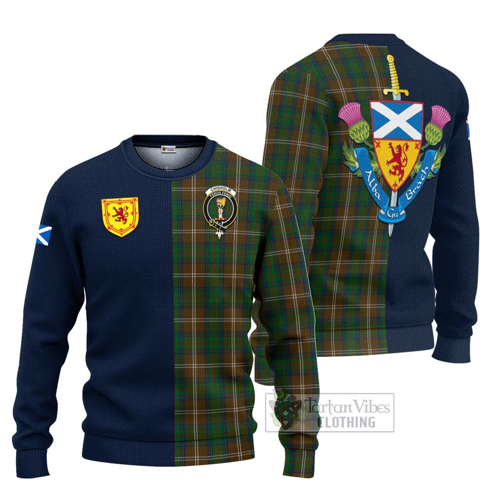 Tartan Vibes Clothing Chisholm Hunting Tartan Knitted Sweater with Scottish Lion Royal Arm Half Style