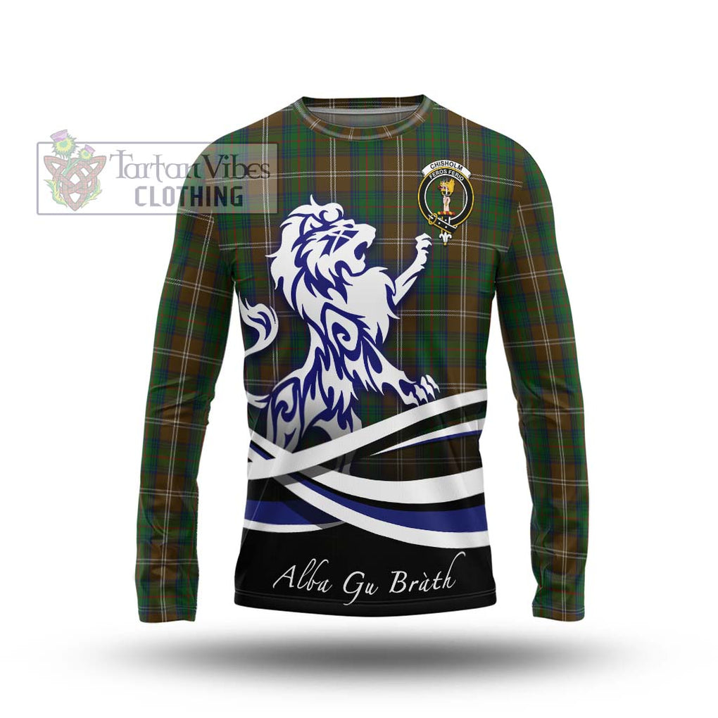 Chisholm Hunting Tartan Long Sleeve T-Shirt with Alba Gu Brath Regal Lion Emblem Unisex - Tartanvibesclothing Shop