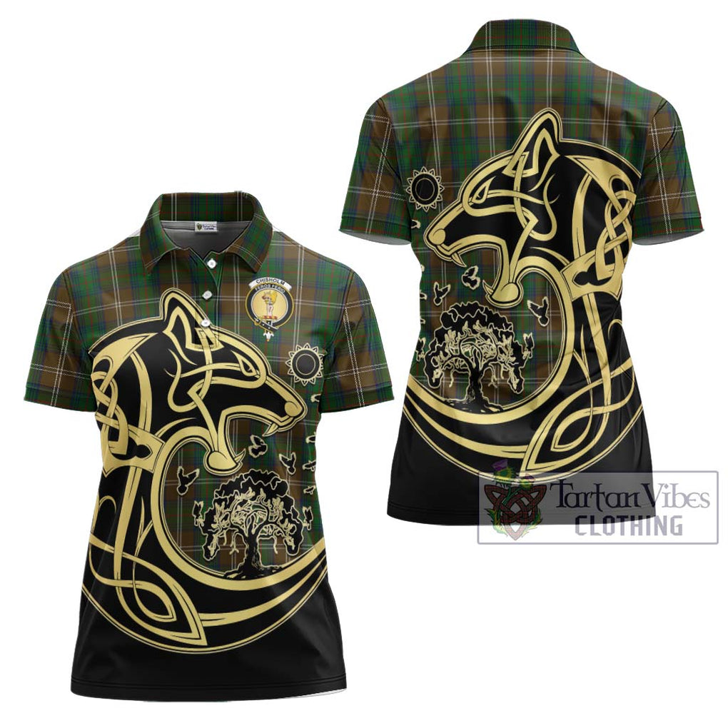 Chisholm Hunting Tartan Women's Polo Shirt with Family Crest Celtic Wolf Style Women - Tartanvibesclothing Shop