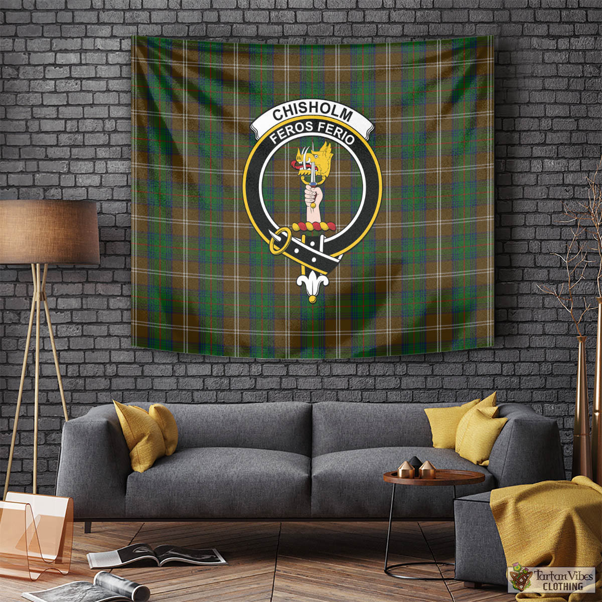 Tartan Vibes Clothing Chisholm Hunting Tartan Tapestry Wall Hanging and Home Decor for Room with Family Crest