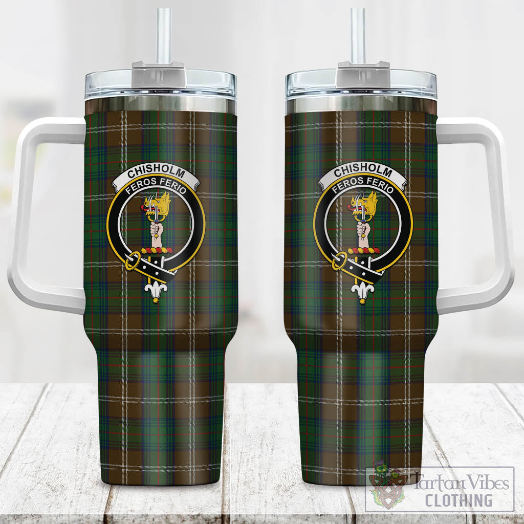 Tartan Vibes Clothing Chisholm Hunting Tartan and Family Crest Tumbler with Handle