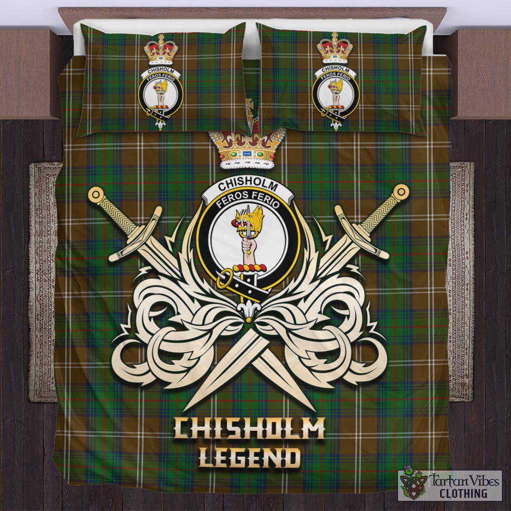 Tartan Vibes Clothing Chisholm Hunting Tartan Bedding Set with Clan Crest and the Golden Sword of Courageous Legacy